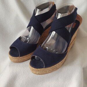 Tory Burch Natanya Wedge Espadrilles 9 Navy Blue Sandals w Elastic Ankle Straps